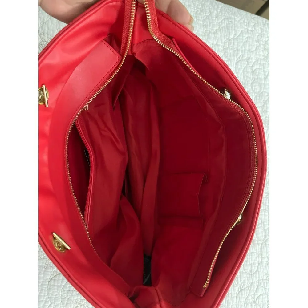 Badgley Mischka Vegan Leather Quilted Red Chain Strap Tote Bag With Gold Accents